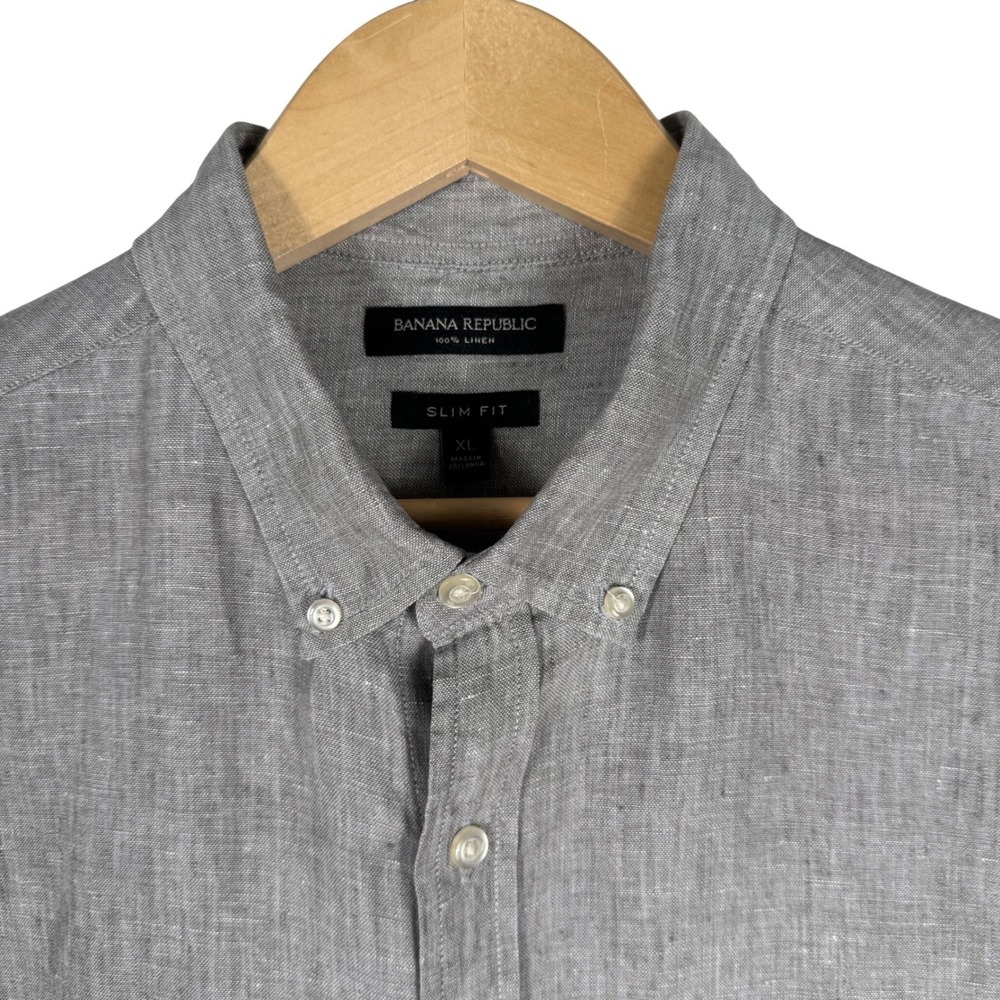 Banana Republic Linen Short Sleeve Shirt Mens XL Slim Fit Grey Button Down‎